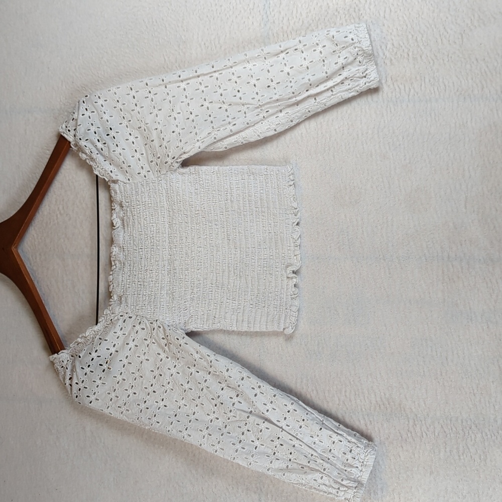 Love Tree Womens White Smocked Eyelet Coquette Cropped Shirt Size S